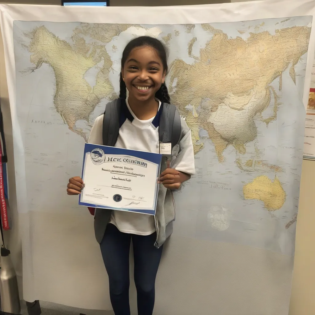 A student holding their AICE Travel and Tourism certificate with a big smile. They are standing in front of a world map.